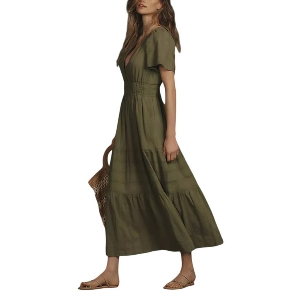Anthropologie Moss Green Somerset Tiered V Neck Cotton Maxi Dress
